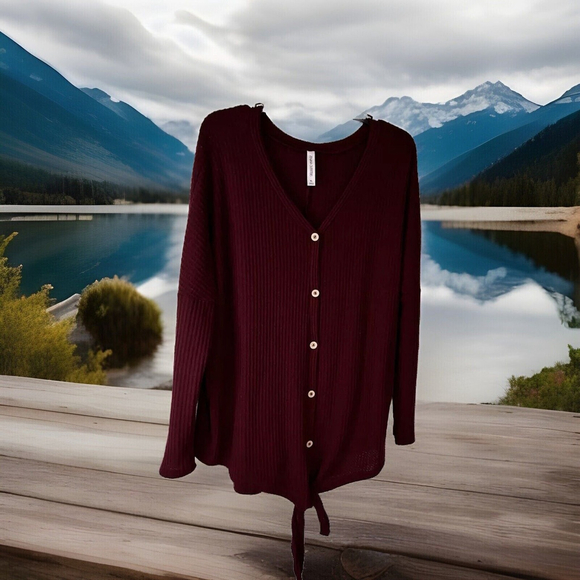 XL Zenana Outfitters Wine Colored Ribbed Material Stretchy Oversized Top - Picture 2 of 10